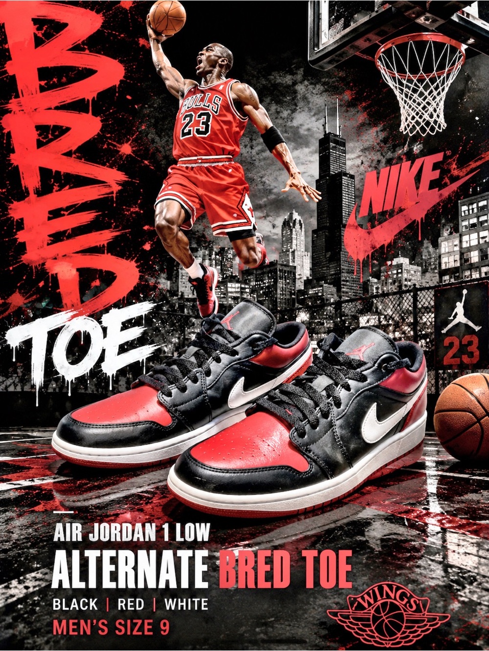 Nike Air Jordan 1 Low Alternate Bred Toe | Black, Red | Men’s Size 9